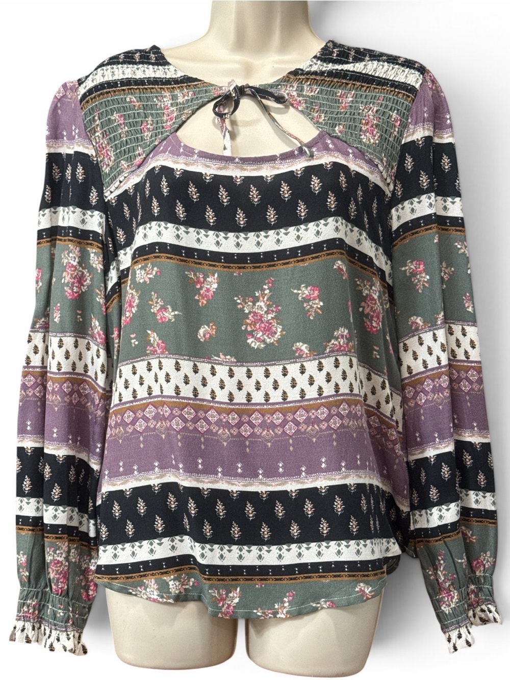 Maurices Boho Floral Mixed Print Blouse Size M Smocked Tie Neck Long Sleeve